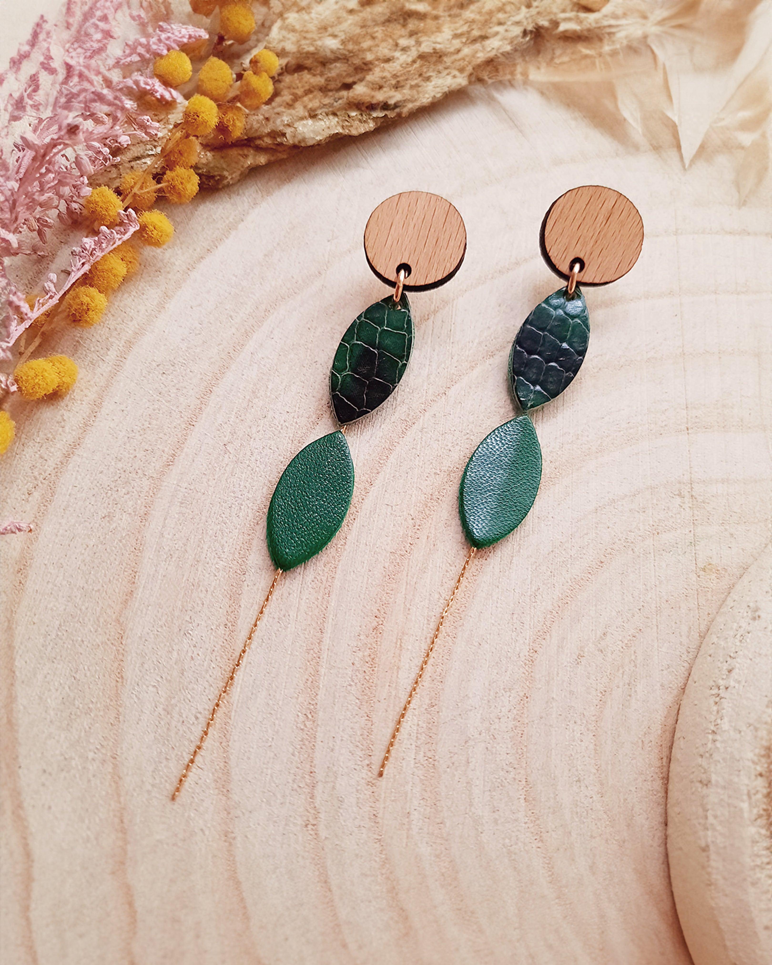 Iris - Boucles d'oreilles en bois et en cuir