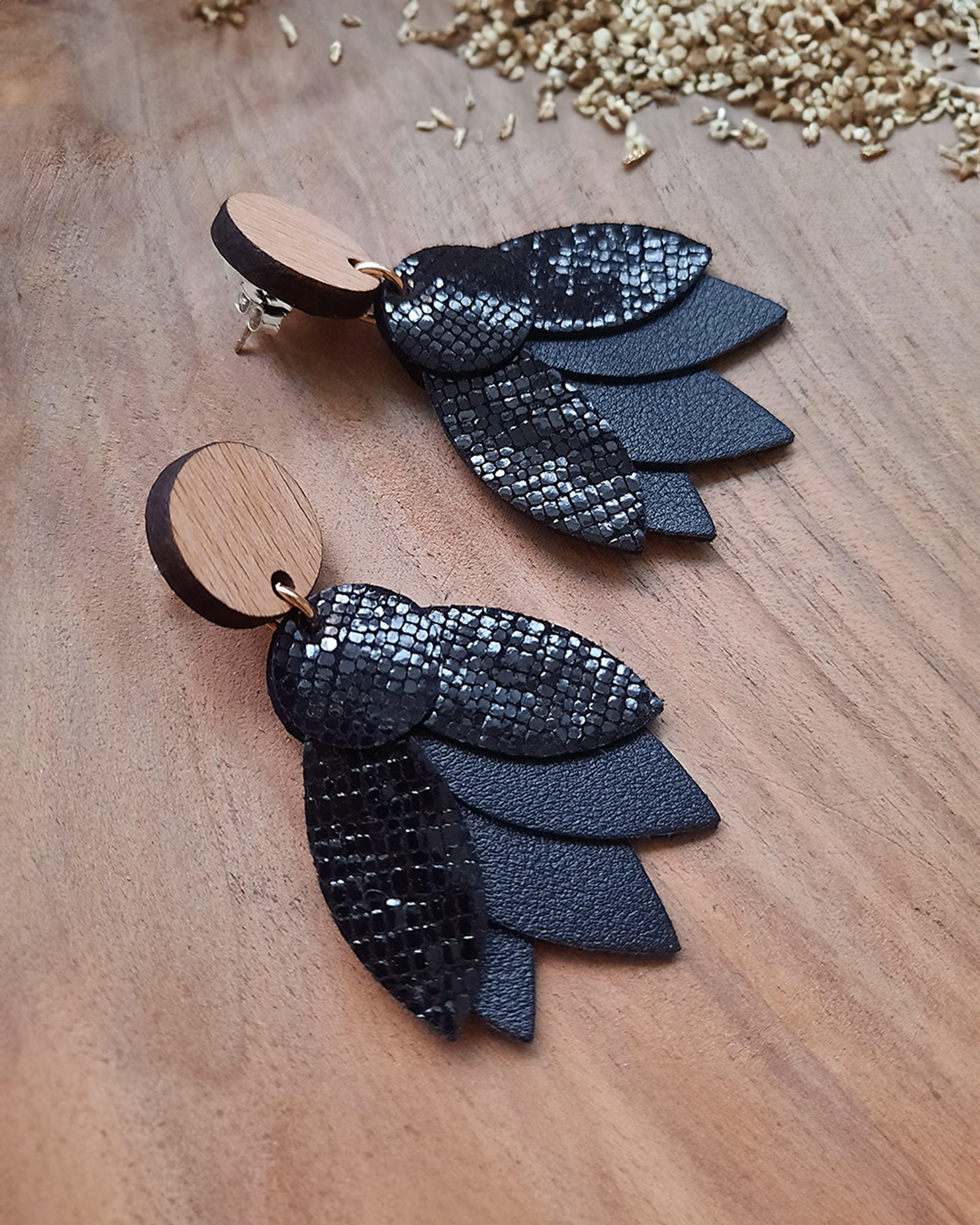 Mandala - Boucles d'oreilles en bois et en cuir