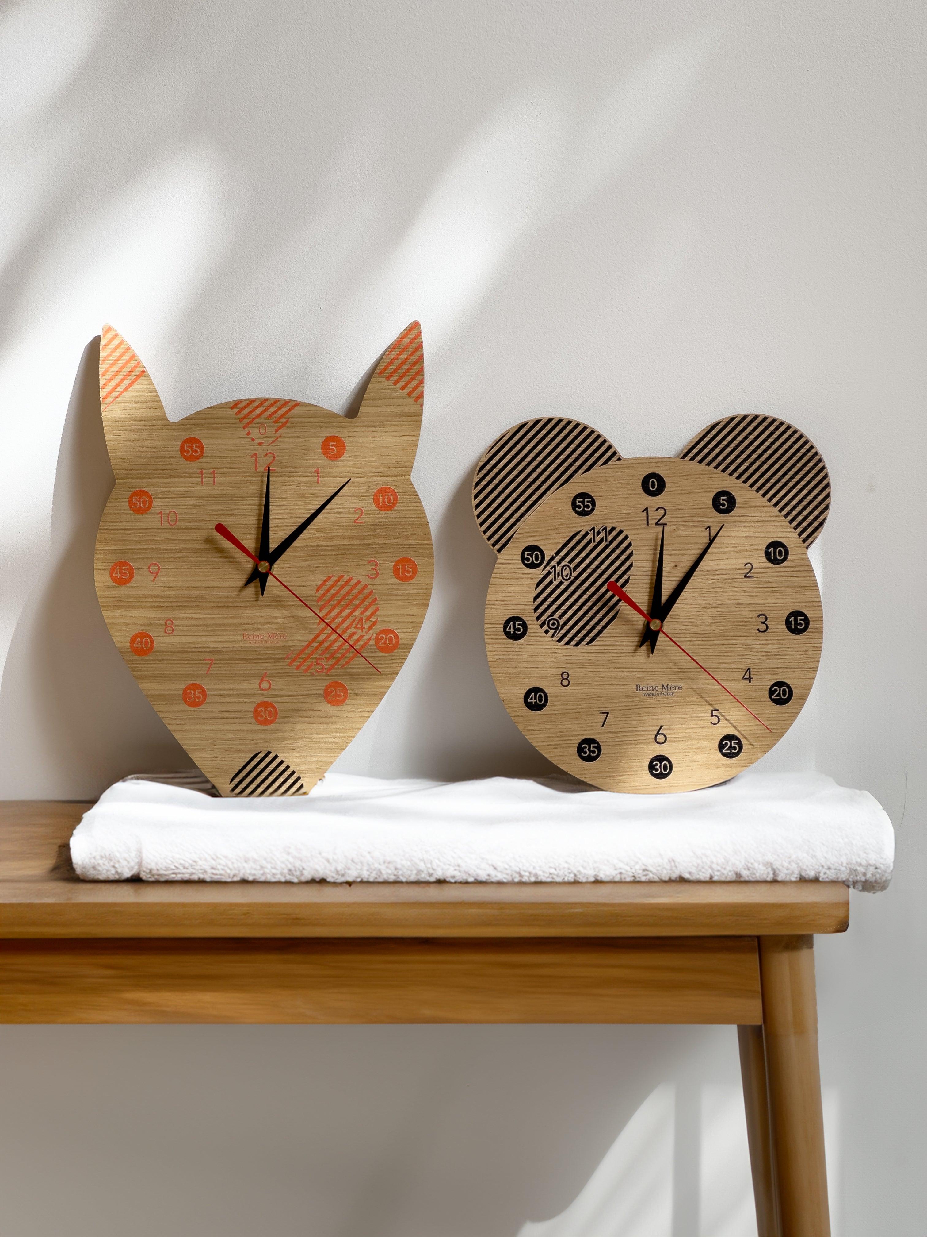 Renard - Horloge pédagogique en médium plaqué chêne