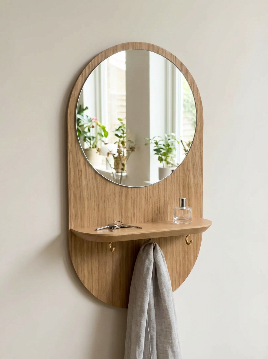 Éclipse Crochets - Miroir avec étagère et crochets en chêne