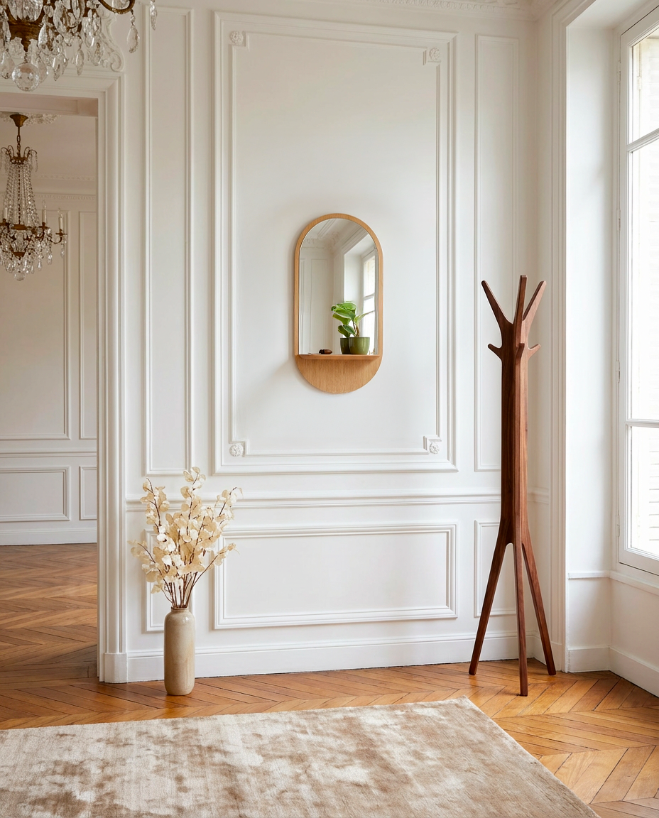 Solstice - Miroir avec étagère en chêne